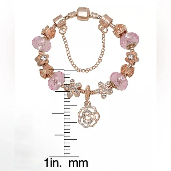Floral Crystal Stone Charm Elegant Rose Gold and Pink Charm Bracelet - Picture 2 of 3